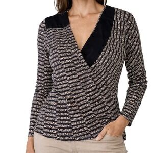 Nicole Farhi Knit Wrap Blouse Women's S Black Cream Geometric Designer Top
